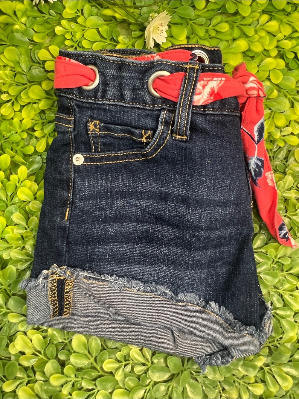 Justice Girls Dark Wash Denim Shorts Floral Tie Belt Cuffed Hem